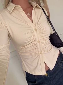 SHEIN EZwear 白色針織修身女款T恤 - 杏色 - 查看 6