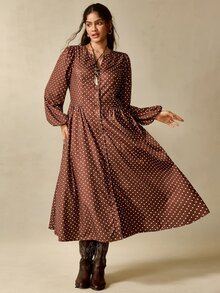 Nubod 女款大尺碼波點燈籠袖單排扣優雅連身裙 秋季 - 咖啡棕 - 查看 4