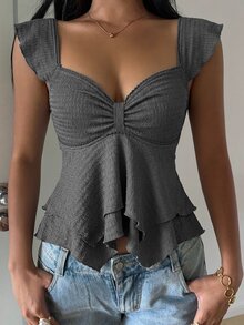 SHEIN EZwear Women's Solid Color Sweetheart Neckline Flutter Sleeve Ruffle Hem Top - Grey - View 4