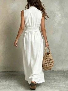Glimmora Petite Women's Autumn Sleeveless Zipper Waist-Cinching Long Dress - White - View 2