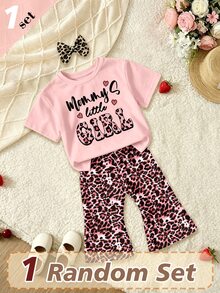 (1 Random Set) Baby Girls Autumn Casual Cute Pink Leopard Print Letter Heart Bow Rabbit Flower Striped Short T-Shirt And Flared Pants - Multicolor - View 6