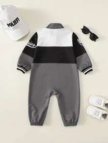 SHEIN Newborn Baby Boy Autumn Winter Sports Casual Colorblock Blue Letter Print Pattern Long Sleeve Romper Racing Romper Blue Romper Baby Boy Romper - Grey - View 2