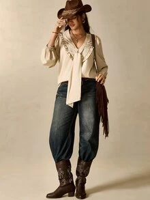 Nubod Plus Size Elegant Lace Patchwork V-Neck Draped Long Sleeve Blouse - Khaki - View 5