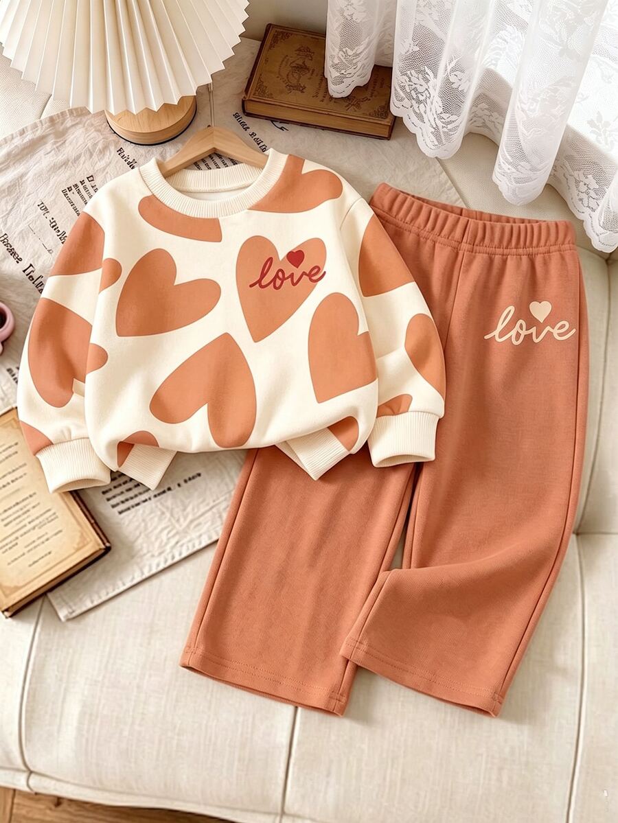 2pcs Young Girls Casual Fashion Sweet Cute Heart Pattern LOVE Print Crew Neck Long Sleeve Fleece Pullover Sweatshirt And Matching Wide Leg Sweatpants Set, Suitable For Autumn/Winter Wear - Multicolor - View 1