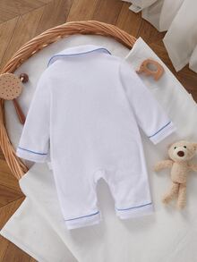 SHEIN Vintaside Kids 秋冬季毛圈布保暖內裡新生兒連身衣，可愛精緻熊口袋刺繡，時尚藍色對比滾邊，柔軟舒適毛圈布長袖居家休閒連身衣 - 白色 - 查看 2