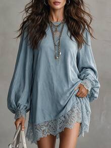 Solivie Women's Loose Short Dress With Lace Patchwork Hem, Autumn New Arrival - Blue - View 1
