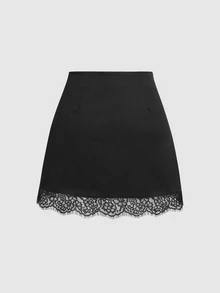 Sweetra New Lace Patchwork Blazer Style Elegant High Waist Slimming A-Line Mini Skirt - Black - View 2