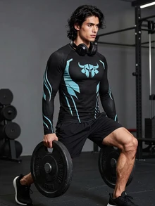 GymBeat تي شيرت رجالي بطبعة جرافيك تقنية بقصة ضيقة وأكمام طويلة، قميص رياضي للتمارين الخارجية والجري والتدريب - الأسود - مشاهدة 4