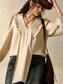 Nubod Plus Size Elegant Lace Patchwork V-Neck Draped Long Sleeve Blouse - Khaki - View 6