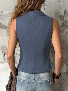 LUMIGAL Women's Sleeveless Cropped Shirt With Collar, Metal Single-Breasted Buttons, Waist-Cinching Slim Fit - Medium Wash - View 2