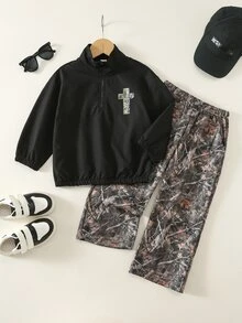 SHEIN 2件組兒童小男孩秋冬休閒立領夾克與長褲迷彩套裝，男童夾克套裝，秋冬穿搭 - 彩色 - 查看 1