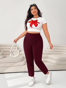 SHEIN EZwear 酒紅色女款大尺碼針織短款緊身褲 - 酒紅色 - 查看 4
