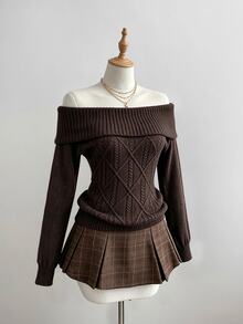 Elamini Brown Cable Knit Cold Shoulder Sexy Fashion Urban Vintage Casual Commute Sweater For Women - Coffee Brown - View 1