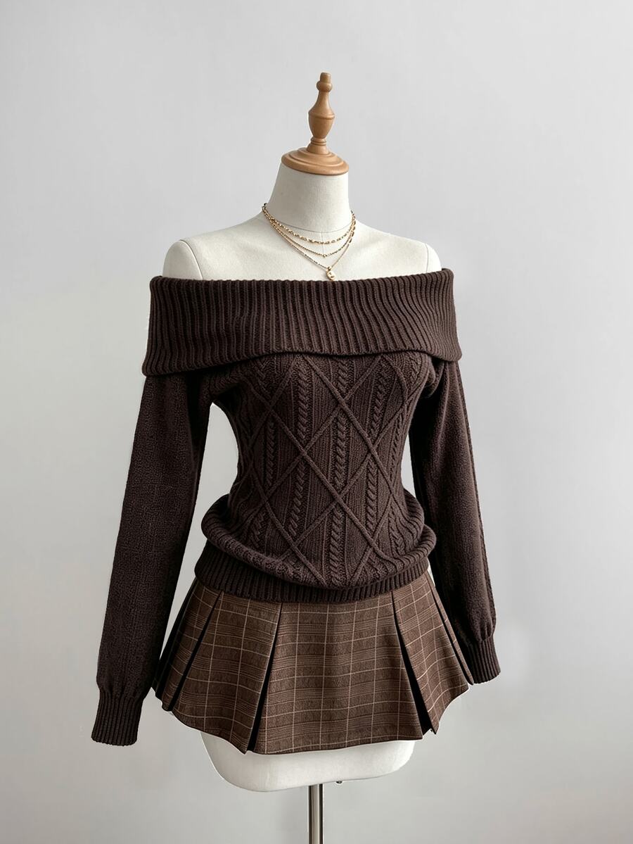 Elamini Brown Cable Knit Cold Shoulder Sexy Fashion Urban Vintage Casual Commute Sweater For Women - Coffee Brown - View 1
