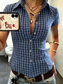 IslaSuriya Women's Plaid Short Sleeve Single-Breasted Casual Commute Shirt - Multicolor - View 1