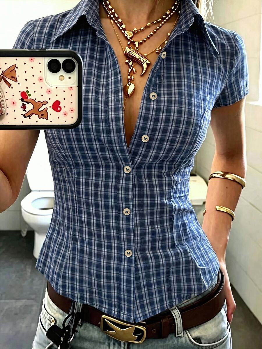 IslaSuriya Women's Plaid Short Sleeve Single-Breasted Casual Commute Shirt - Multicolor - View 1