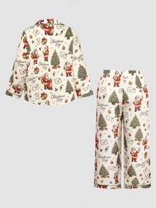 Chillnights Plus Size Women's Christmas Print Santa Claus Christmas Tree Casual Lapel Long Sleeve Long Pants Pajama Set - Apricot - View 2
