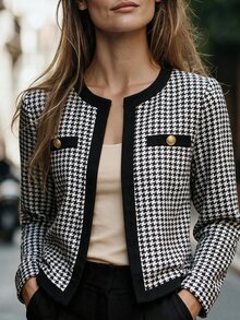 Louniche Elegant Casual Button Black & White Houndstooth Women's Jacket - Black and White - View 7