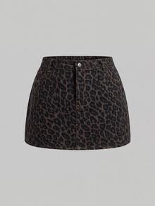 SHEIN MOD Plus Size Women's Leopard Print Pocket Casual Denim Mini Skirt - Multicolor - View 1