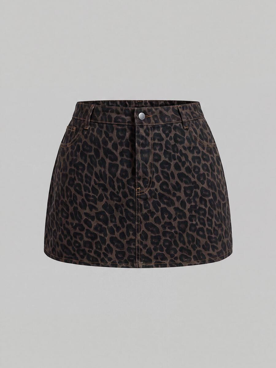 SHEIN MOD Plus Size Women's Leopard Print Pocket Casual Denim Mini Skirt - Multicolor - View 1