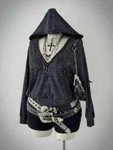 Sunspun Plus Size Women's Casual Cinched Waist Hooded T-Shirt, Distressed Patchwork Rivet Webbing Long Sleeve Tee - Black - View 3