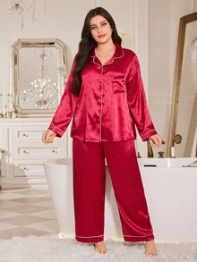 MuseNap CURVE Bộ đồ ngủ nữ size lớn họa tiết bông tuyết dệt jacquard, cài nút trước, túi đắp, quần dài tay dài, đồ mặc nhà mùa thu/đông - Đỏ - Xem 6