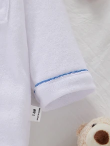 SHEIN Vintaside Kids 秋冬季毛圈布保暖內裡新生兒連身衣，可愛精緻熊口袋刺繡，時尚藍色對比滾邊，柔軟舒適毛圈布長袖居家休閒連身衣 - 白色 - 查看 4