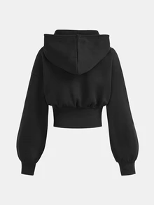 Girlism 青少年女孩秋冬新款針織黑色小Logo刺繡連帽收腰長袖運動衫，返校季休閒時尚百搭 - 黑色 - 查看 2