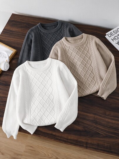 SHEIN Casual sweter dla chłopca w wieku tween, koreański styl college, okrągły dekolt, długi rękaw, odpowiedni do szkoły, dojazdów, codziennych wyjść i sportu, jesień/zima
