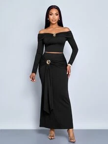 SOLERSUN Women's This Two Pieces Set, Featuring A Textured Knit Off-The-Shoulder Long-Sleeved Top And A Fitted, Flowing Maxi Skirt - Black - View 4