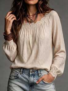 Breezaya Plus Size Women's Fashion Elegant Lace Patchwork Pleated Blouse - Apricot - View 3