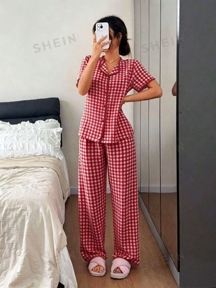 Napfluff Pink Plaid Print Button-Down Short Sleeve & Long Pants Women's Pajama Set, 2 Pieces - Burgundy - View 1