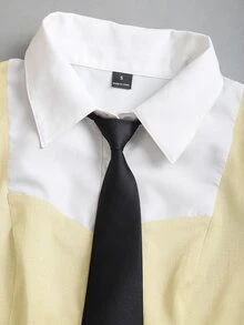 Sweetra 秋冬休閒通勤長袖領結領黑白對比色襯衫與寬腿直筒長褲2件套，女款學院風 - 杏色 - 查看 5