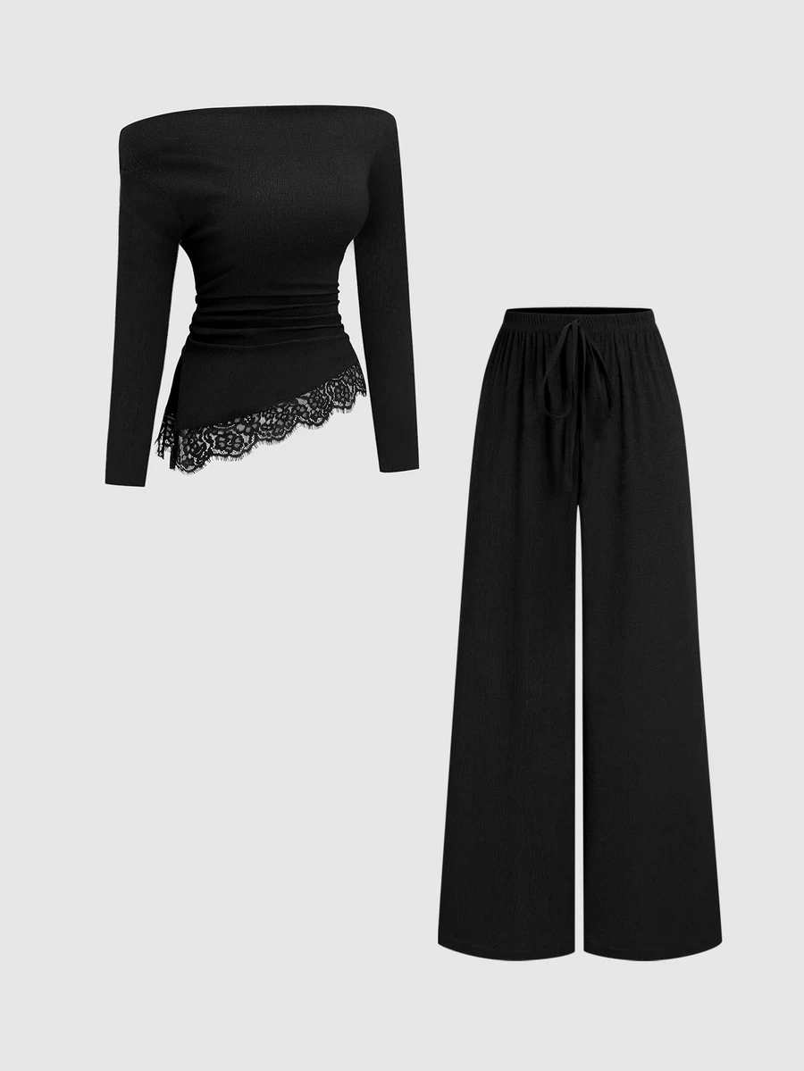 Sweetra Asymmetric Shoulder Short Sleeve T-Shirt Slimming Lace Patchwork Design Top Versatile Casual Slimming Long Pants - Black - View 1