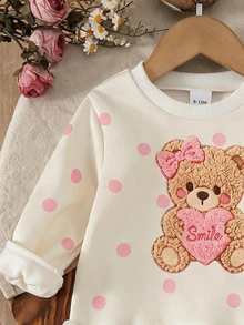 女嬰 2件套甜美可愛波點熊心形仿刺繡印花長袖保暖內裡圓領荷葉邊下擺運動衫與內搭褲，柔軟面料，適合外出，秋冬款 - 彩色 - 查看 6