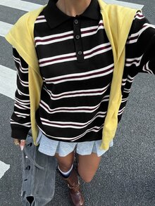Muchica 女款條紋 Polo 領落肩長袖休閒百搭針織衫 - 黑色 - 查看 6