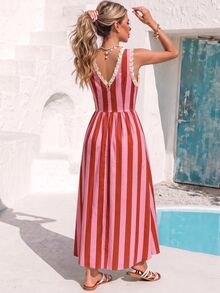 Vivid Eden Women's Frill Trim Deep V-Neck Front Tie Casual Boho Retro Tropical Romantic Sleeveless Midi Dress Brunch Party Vacation Rust Brown Summer - Pink - View 6