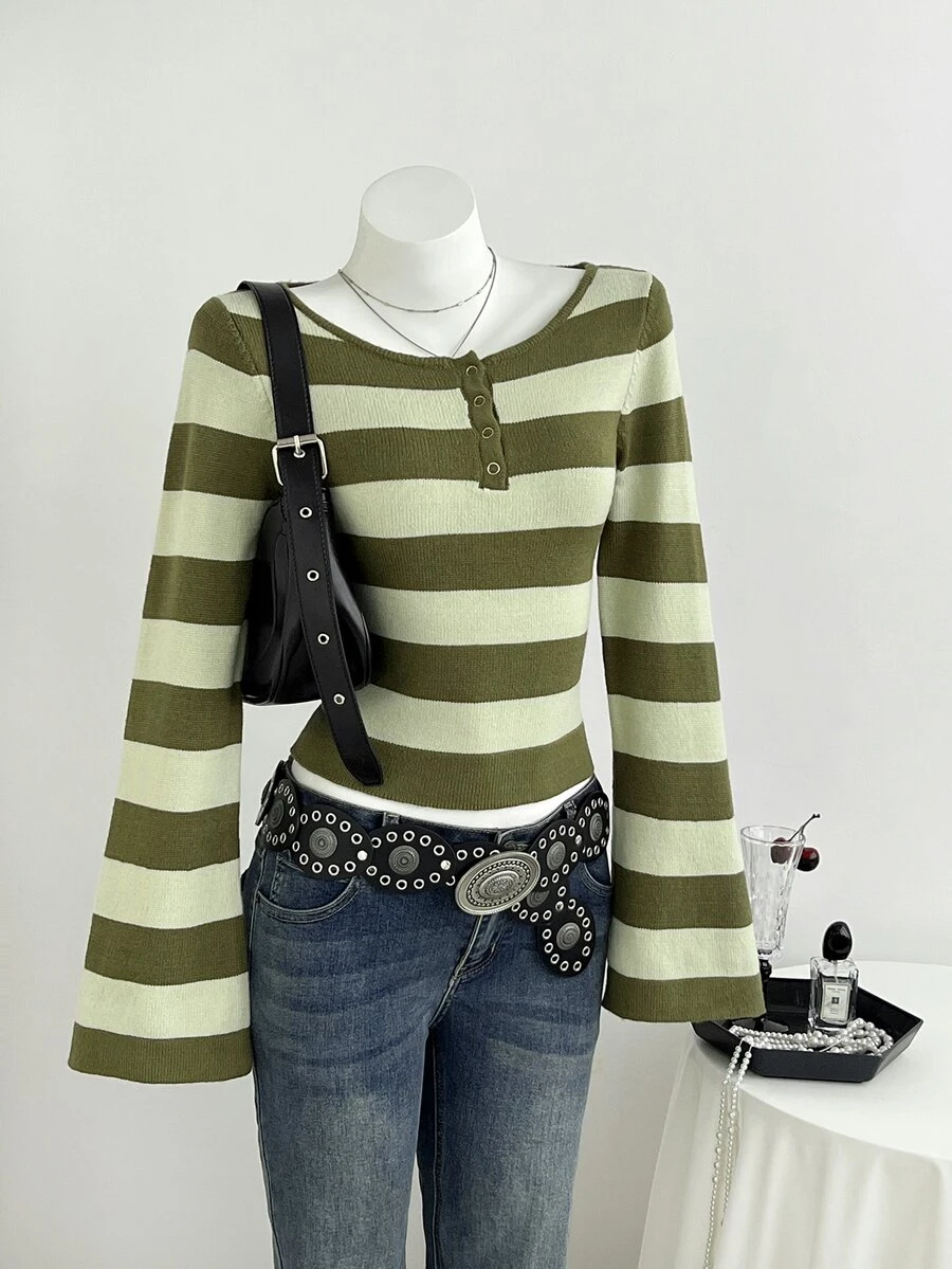 Elamini Women's Autumn/Winter Striped Colorblock Button Placket Fitted Flared Sleeve Casual Knit Sweater - Army Green - View 1