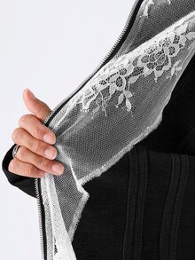 LYSMO Women's Street Fashion Lace Patchwork Zipper Jacket - Black - View 4