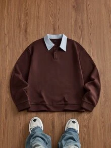 SWAVVY Men's Knitted Fashion Casual Loose Long Sleeve Half-Zip Sweatshirt - Coffee Brown - View 5