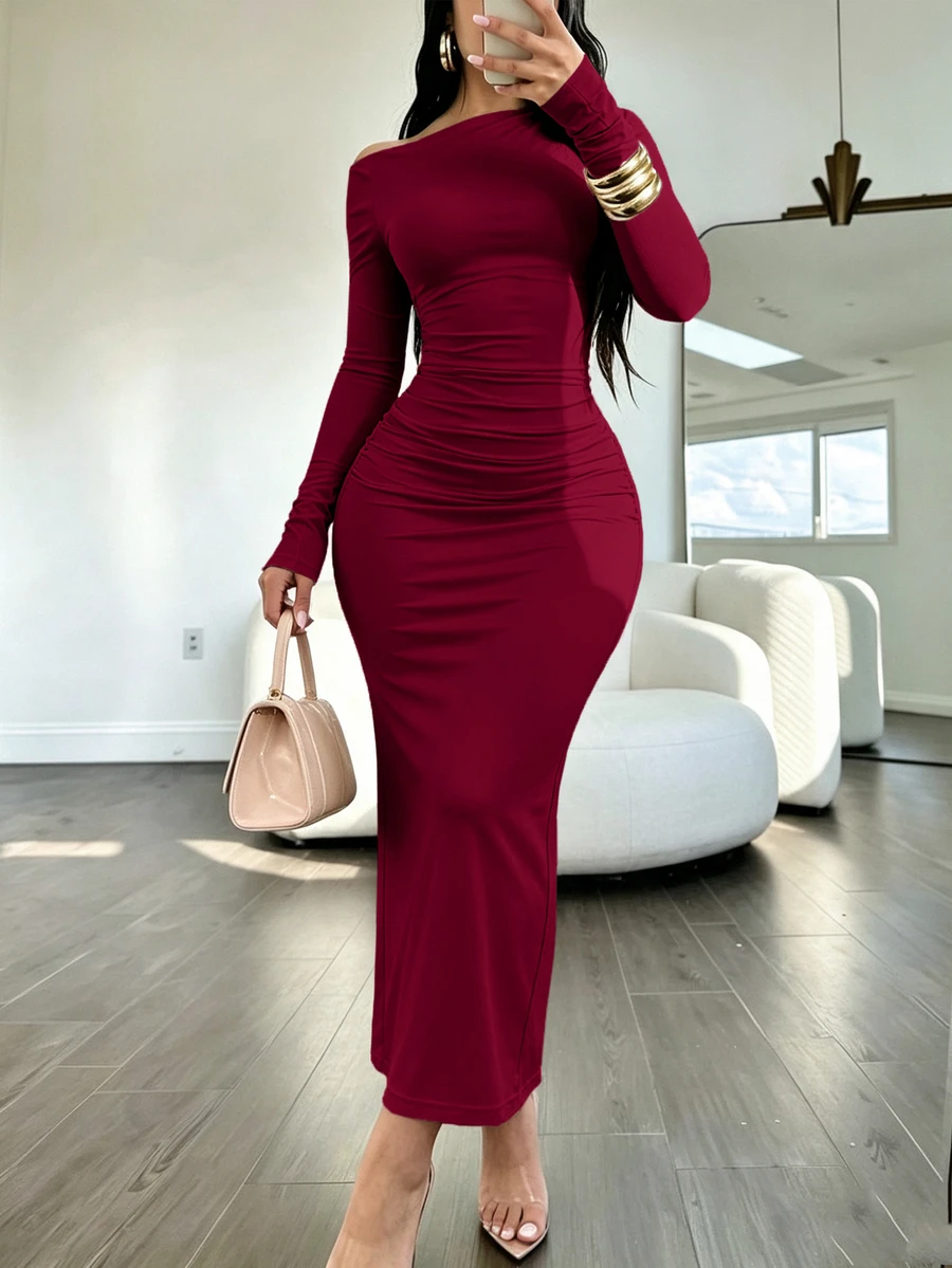 INAWLY Solva Women's Solid Color Asymmetrical Shoulder Long Sleeve Ruched Fitted Elegant Dress - Burgundy - View 1