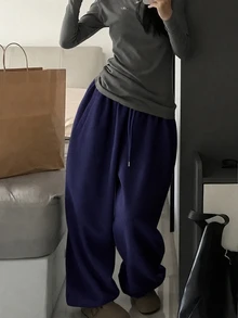 SHEIN 女款純色抽繩腰鬆弛休閒百搭運動長褲 - 藍色 - 查看 3