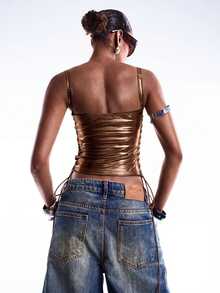 LYSMO Women's Metallic Texture Drawstring Tie Sexy Top - Brown - View 2