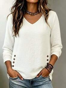 INAWLY Women's V-Neck Long Sleeve Casual Button Hem Top - Beige - View 3