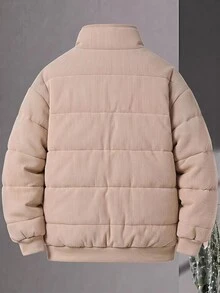 SHEIN 兒童青少年男孩休閒立領開襟長袖燈芯絨面料夾克冬季外套派克大衣，適合通勤、上學、日常休閒、度假旅行、運動，適合秋冬季節，黑色 - 杏色 - 查看 2