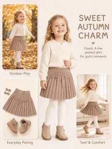 Girls Cute Bow Knitted Pleated Skirt, Versatile Sweet Daily Wear - Apricot - View 7