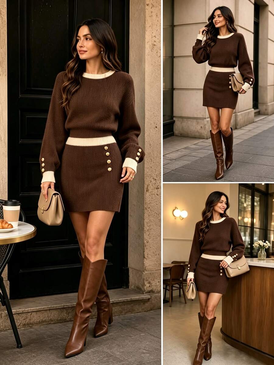 Balvessa ملابس علوية طويلة الأكمام برقبة دائرية من الصوف المحبوك بتصميم مرقع بني متعدد الاستخدامات + تنورة ميني ضيقة من الصوف المحبوك عصرية للخريف/الشتاء - قهوة بني - مشاهدة 1