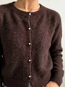 Autumina Vintage Women's Knitted Cardigan, Solid Color Single-Breasted Jacket, Spring/Autumn Fashion Outerwear, Layering Top - Brown - View 4