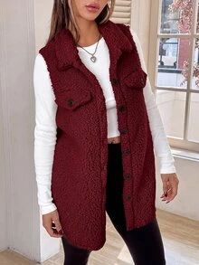 SHEIN EZwear 女款酒紅色法蘭絨外套，適合秋冬穿著，翻領設計，經典版型，長度至 - 酒紅色 - 查看 5