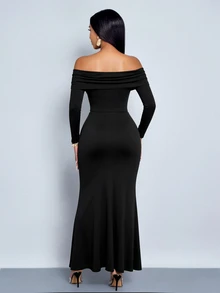 SOLERSUN Women's This Two Pieces Set, Featuring A Textured Knit Off-The-Shoulder Long-Sleeved Top And A Fitted, Flowing Maxi Skirt - Black - View 3